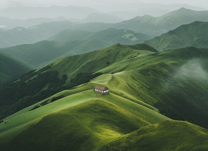 Serene Green Hills with Solitary Structure
