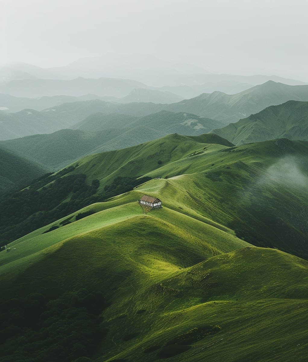 Serene Green Hills with Solitary Structure