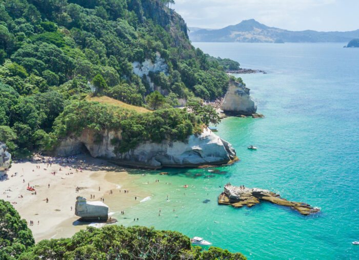 Aerial of Te Whanganui-A-Hei (Cathedral Cove) Marine Reserve in Coromandel Peninsula North Island, New Zealand.