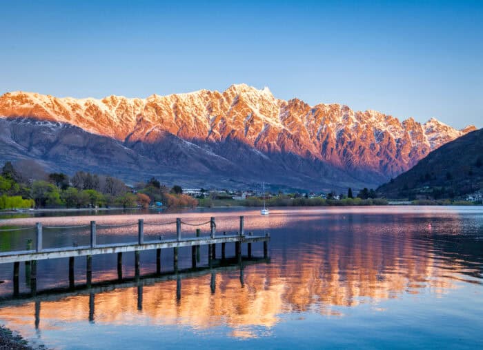 Lake Wakatipu and The Remarkables at sunset, from Frankton, Otago, New Zealand.